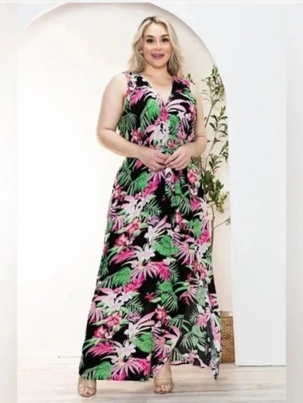Zenobia TEEN PLUS/ Small- Lg AdultTropical Floral Maxi Dress - Black & Pink